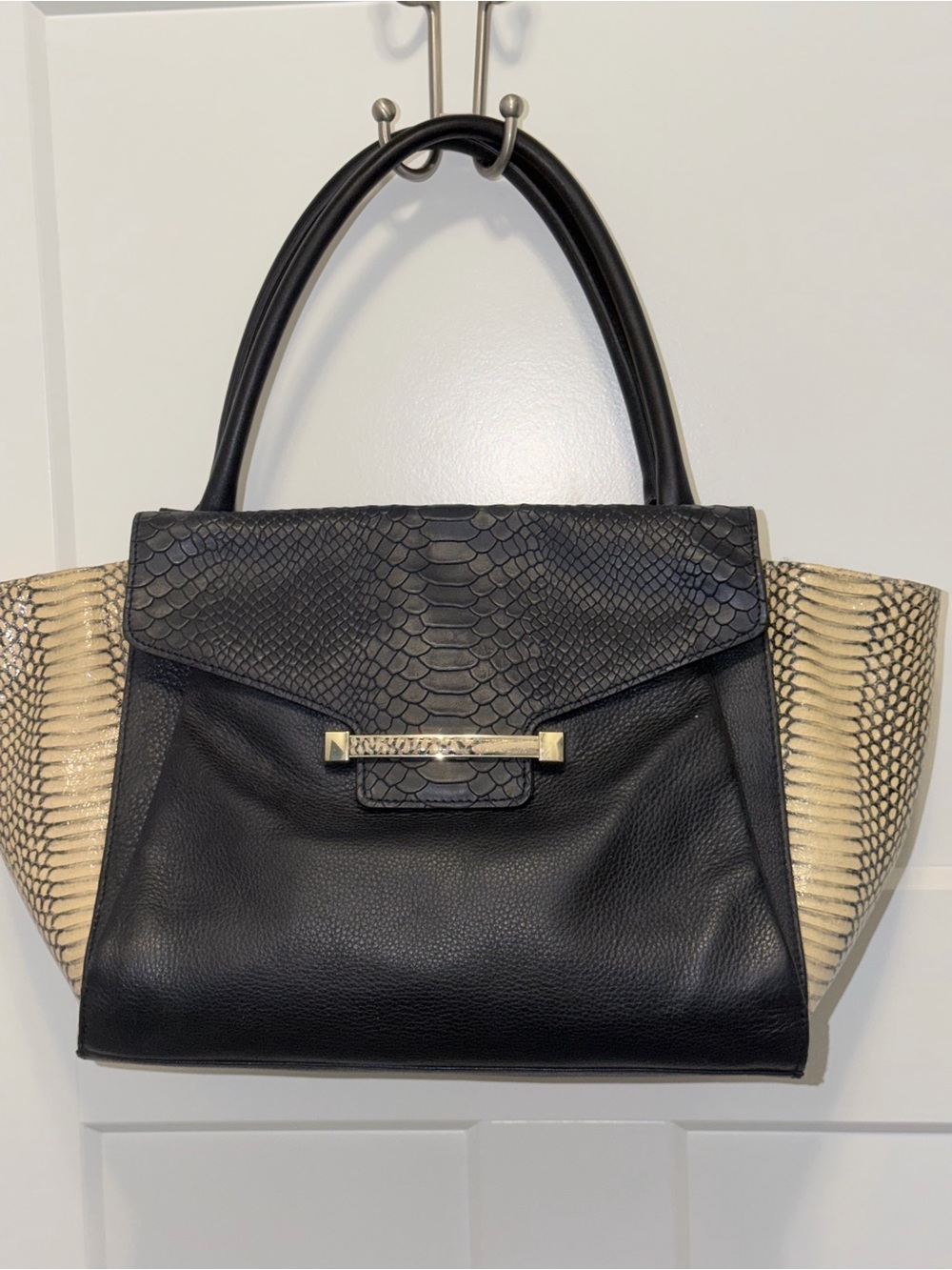 Vince Camuto Julia Black & Cream Snake-Accent Top-Handle Satchel